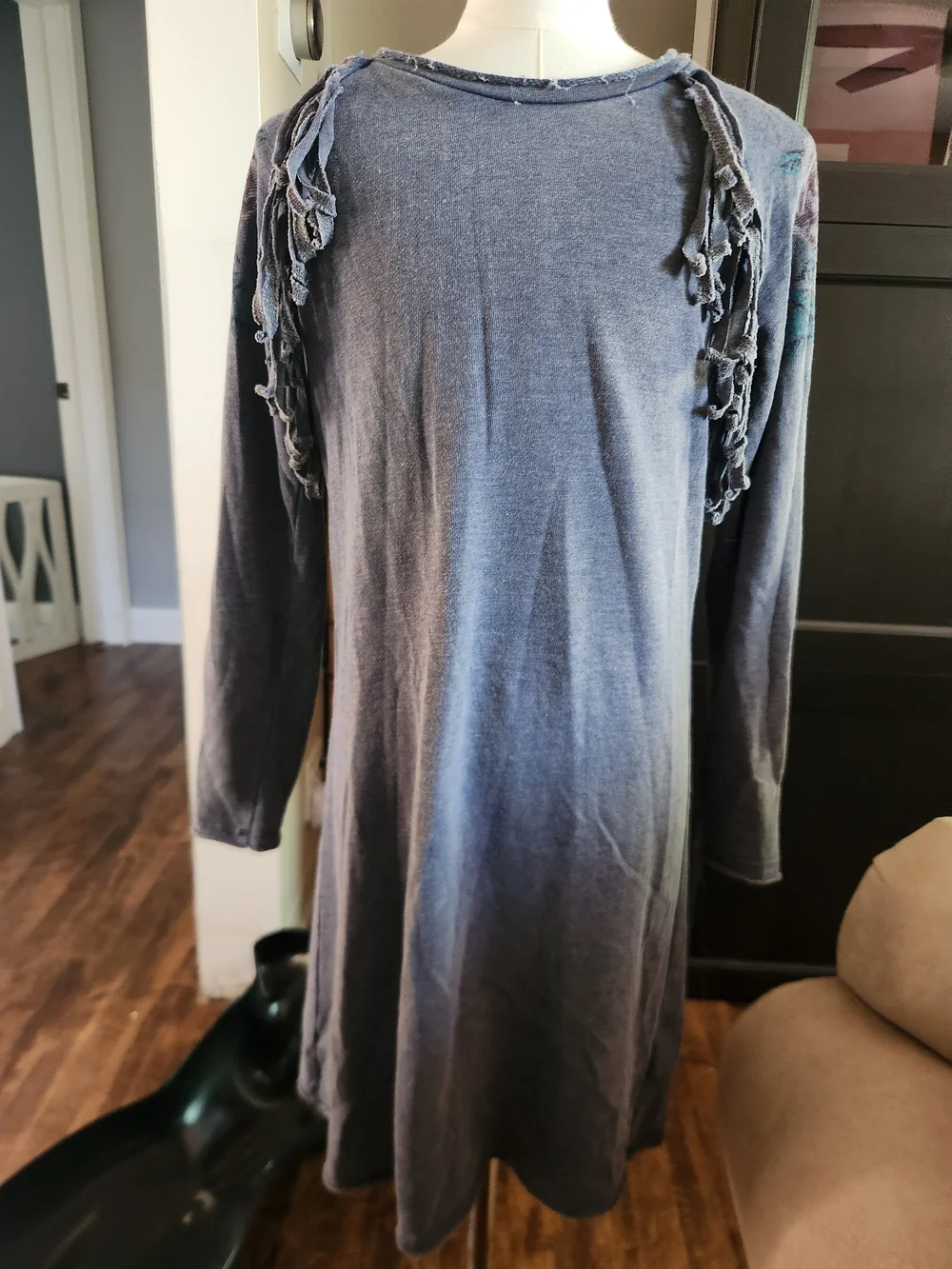 art class Slate Blue Long Sleeve Fringe Detail Kids Dress